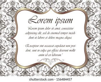 Invitation or wedding card with damask background and elegant floral elements.
