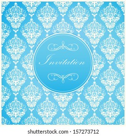 Invitation or wedding card with damask background and elegant floral elements. Blue. eps10