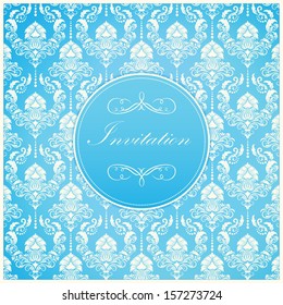 Invitation or wedding card with damask background and elegant floral elements. Blue. eps10
