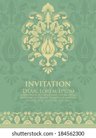 Invitation or wedding card with damask background and elegant floral elements. eps10