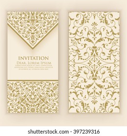 Invitation or wedding card with damask background and elegant floral elements. Elegant invitation or wedding card. Design element. eps10