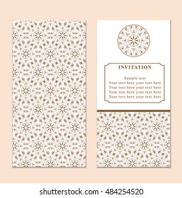 Invitation or wedding card with damask background and elegant floral elements. Elegant invitation or wedding card. Design element. 