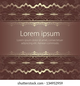 Invitation or wedding card with flower background and elegant gold floral elements.