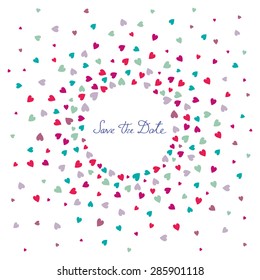 Invitation wedding card with heart confetti on a white background and words "Save the date" 
