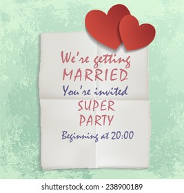 invitation or wedding card with hearts, vector illustration