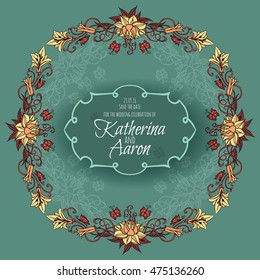 Invitation wedding card with lilies arranged in a circle and place for text. Vector illustration.