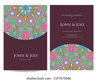 Invitation or wedding card with mandala vector illustration. Template of Business card, greeting card, Gift voucher, background pattern, fashion design.
