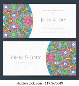 Invitation or wedding card with mandala vector illustration. Template of Business card, greeting card, Gift voucher, background pattern, fashion design.
