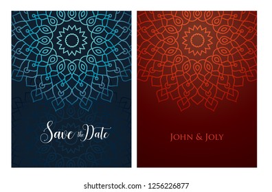 Invitation or wedding card with mandala vector illustration. Template of Business card, greeting card, Gift voucher, background pattern, fashion design.