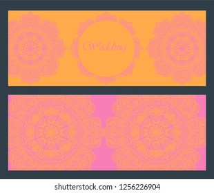 Invitation or wedding card with mandala vector illustration. Template of Business card, greeting card, Gift voucher, background pattern, fashion design.
