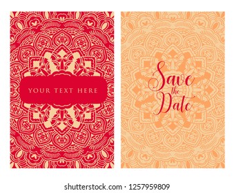 Invitation or wedding card with mandala vector illustration. Template of Business card, greeting card, Gift voucher, background pattern, fashion design.
