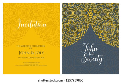 Invitation or wedding card with mandala vector illustration. Template of Business card, greeting card, Gift voucher, background pattern, fashion design.
