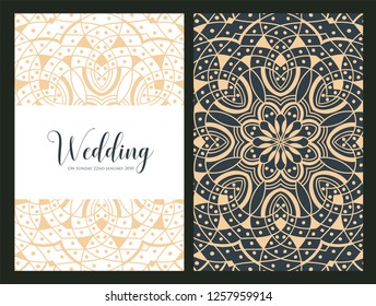 Invitation or wedding card with mandala vector illustration. Template of Business card, greeting card, Gift voucher, background pattern, fashion design.
