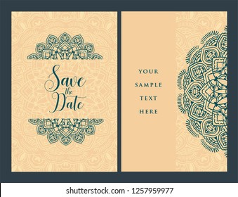 Invitation or wedding card with mandala vector illustration. Template of Business card, greeting card, Gift voucher, background pattern, fashion design.
