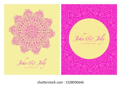 Invitation or wedding card with mandala vector illustration. Template of Business card, greeting card, Gift voucher, background pattern, fashion design.