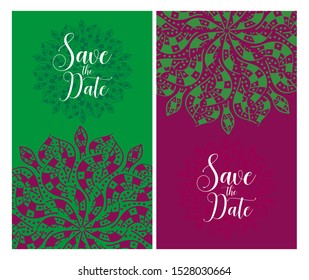 Invitation or wedding card with mandala vector illustration. Template of Business card, greeting card, Gift voucher, background pattern, fashion design.