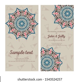 Invitation or wedding card with mandala vector illustration. Template of Business card, greeting card, Gift voucher, background pattern, fashion design.