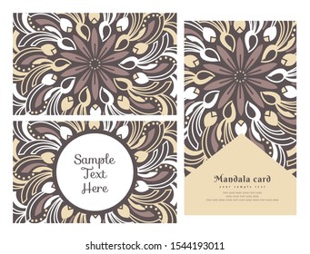 Invitation or wedding card with mandala vector illustration. Template of Business card, greeting card, Gift voucher, background pattern, fashion design.