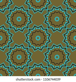 Invitation, wedding card, national design. Vector sketch. Vintage seamless pattern for print. Mandala abstract colorful black, brown and blue background. Decorative arabic round lace ornate mandala.