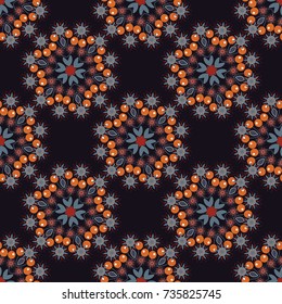 Invitation, wedding card, national design. Mandala abstract colorful gray, orange and black background. Decorative arabic round lace ornate mandala. Vector sketch. Vintage seamless pattern for print.