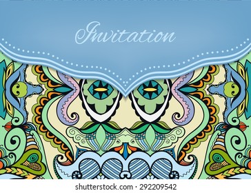 Invitation or wedding card with ornate background, tribal ethnic lace pattern, vector illustration.