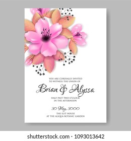 Invitation or wedding card with pink sakura jaspine peony floral rose-dog background