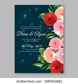 Invitation or wedding card with rununculus red pink rose peony floral background Bridal shower invitation