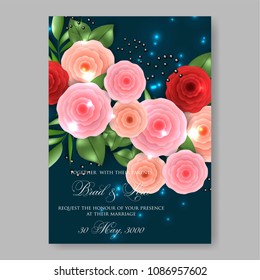 Invitation or wedding card with rununculus red pink rose peony floral background Bridal shower invitation