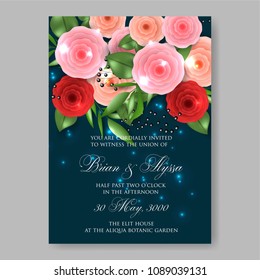 Invitation or wedding card with rununculus red pink rose peony floral background Bridal shower invitation