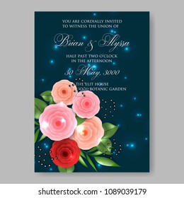 Invitation or wedding card with rununculus red pink rose peony floral background Bridal shower invitation