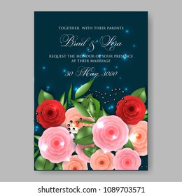 Invitation or wedding card with rununculus red pink rose peony floral background Bridal shower invitation