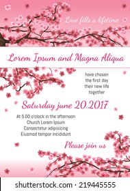 Invitation wedding card with sakura blossom vector template. You can use it for invitations, flyers, postcards, cards and so on