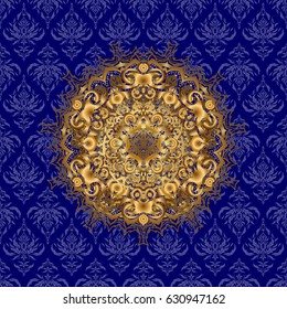 Invitation, wedding card, scrapbooking. Golden stickers, flash temporary tattoo, mehndi and yoga design, boho, magic symbol. Gold over blue. Decorative ornate round mandala. Vintage vector pattern.