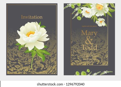 Invitation wedding card template set Design peonies flowers golden background Pastel vintage style. Vector Bridal bouquet garden flowers. White & print gold foil. Luxury pattern. Nature marble texture