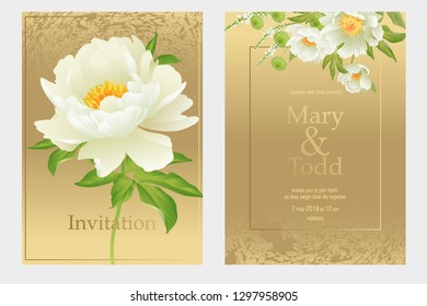 Invitation wedding card template set Design peonies flowers golden background Pastel vintage style Vector Bridal bouquet garden flowers. White & print gold foil. Luxury pattern. Nature marble texture