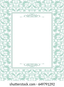 Invitation wedding card. Vintage floral design, graphic frame. Damask vector pattern. Green pattern on a white background.