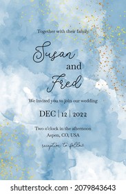 Invitation wedding card in watercolor style with golden droplets