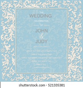 Invitation to the wedding or celebration. Delicate and airy style. White intricate design on a azure and light blue  background. Invitation vintage pattern with turquoise. Vector illustration 