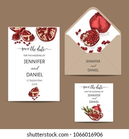  Invitation for wedding day. Colorful pomegranate card. Vector iilustration with exotic fruits.