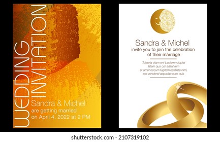 Invitation for a wedding, elegant and graphic with an abstract background in orange-yellow colors on the front and 2 wedding rings and 2 stars, the moon and the sun on a white background on the back. 