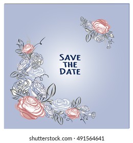 Invitation for wedding with flowers. Save the date. Blue roses for wedding.