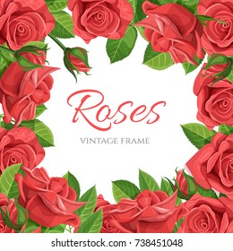 Invitation to the wedding. Frame with beautiful red roses place for your text. Preparation for the celebration of the ceremony. Vector illustration.