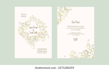Invitation for the wedding, front and back sides with flowers drawn in doodle style