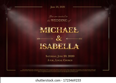 Invitation wedding on red curtain background. Spotlights illuminate inscription. Template mockup with golden font for event, party, holiday in elegant vintage cinema style. Vector 3D realistic sign