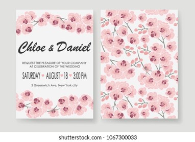 Invitation to a wedding with orchids, design of a modern rsvp card. Vector natural, elegant template.
Wedding flower style, invitation, save the date card design with orchid flowers.