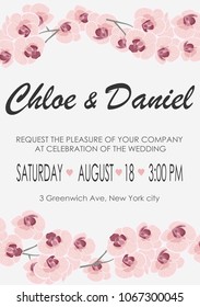 Invitation to a wedding with orchids, design of a modern rsvp card. Vector natural, elegant template.
Wedding flower style, invitation, save the date card design with orchid flowers.