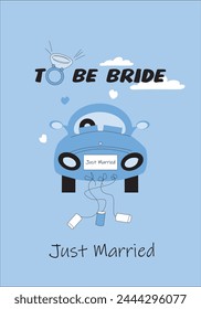 Invitation to a wedding party, a car with cans and the inscription just got merried.