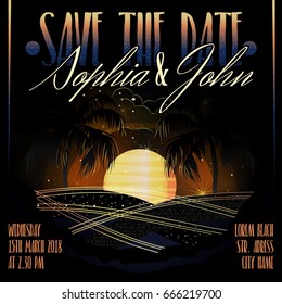 Invitation wedding (party) card / poster. Background (backdrop), night beach - ocean, sunset (sunrise), palms and stars. Gold on black. Vector illustration