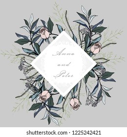 Invitation to the wedding, party, greeting card with a floral design in gentle colors. Silver, blue, pink colors. EPS10