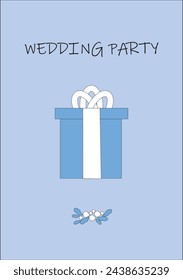 Invitation to a wedding party, on a blue background, a large box with a white ribbon, a gift from the guests.